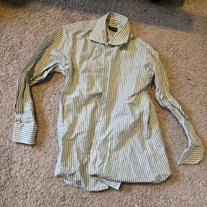 Spier Mackay 15.5-32 Linen / Cotton Green and White Striped Men's Shirt